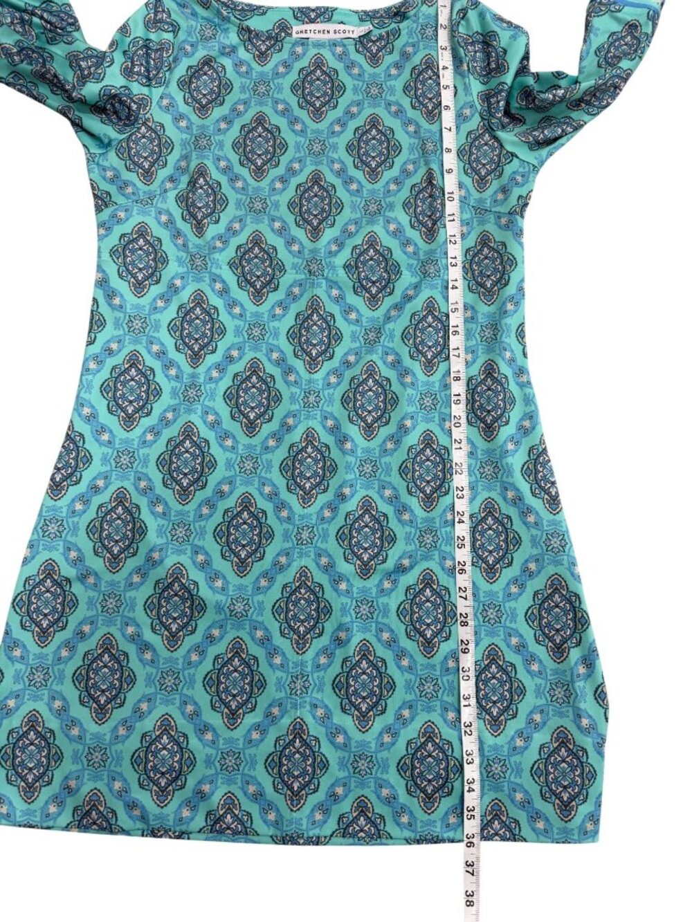 Gretchen Scott Womens Size L Dress Turquoise Medallion Print 3/4 Sleeve Boat-Nec - Picture 6 of 7